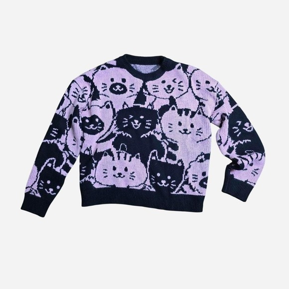 SHEIN Sweaters - SHEIN‎ Womens Purple Black All Over Cat Print Knit Crewneck Sweater Size S Small